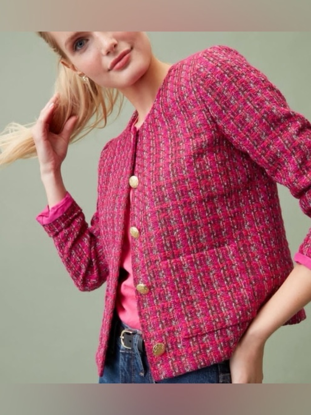 J. Crew Factory Pink Tweed Collarless Blazer with Gold Buttons Size 4 NWT